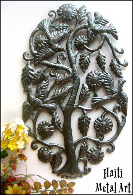 Haitian Metal Wall Hanging, Metal Tree & Birds, Garden Decor, Patio Decor, Haitian Metal Art